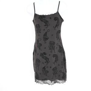 Vintage Divided Y2K Bodycon Mesh Mini Dress Womens S Black Goth Tiger Velveteen